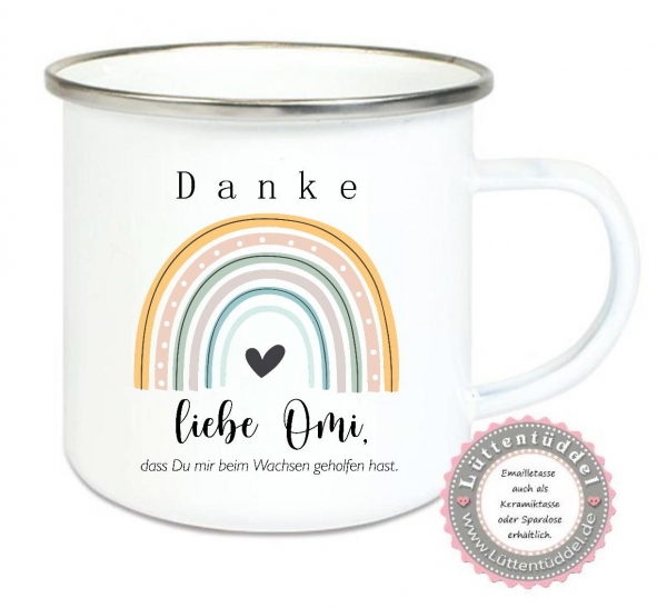 zauberhafter Emaillebecher- Keramikbecher Regenbogen Danke, Geschenk, Abschied, Erzieherin, Muttertag, Hebamme, Mitbringsel....von Lüttentüddel®